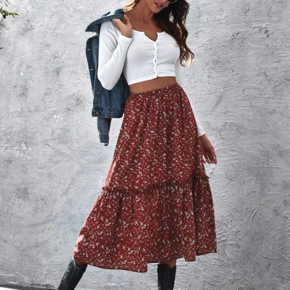 SHEIN Floral Frill A-Line Skirt, Maroon